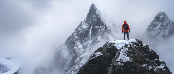 A lone hiker in a red jacket stands atop a snowy peak, surrounded by mist and towering mountain summits.
