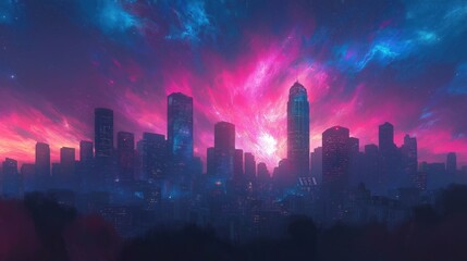 Obraz premium Futuristic City Skyline at Sunset: A Vibrant Digital Art of Glowing Night Sky and Modern Architecture