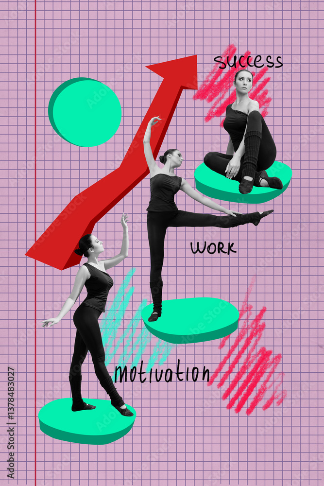 Aufkleber creative collage of young lady dancer success motivation work on pink color background with pointer