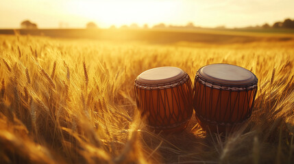 Happy Baisakhi with Golden Wheat Field and Traditional Dhol Drums in Warm Sunlight
