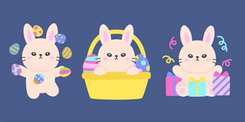 Cute Cartoon Easter Bunny Set with Colorful Eggs, Basket, and Gift Boxes on a Blue Background