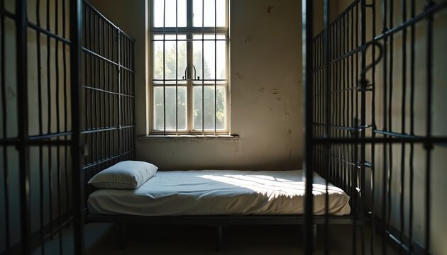 Prison cell with bed, barred window. Daylight illuminates gaol interior. Confinement, isolation, justice, crime, punishment. Theme of despair, hope, freedom. Suitable for law, crime, incarceration,