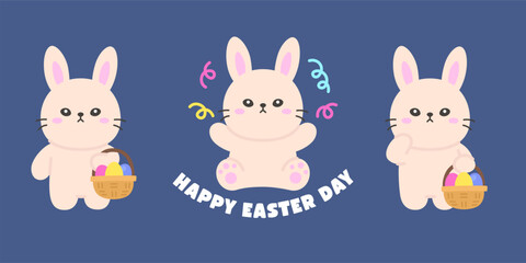 Cute Easter Bunnies with Basket and Gifts on a Blue Background with Happy Easter Day Text