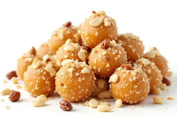 Golden Baisakhi sweets delight featuring a pile of traditional Indian sweets with nut toppings