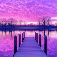Tranquil Lakeside Sunset Scene: Peaceful Wooden Dock Reflections at Dusk