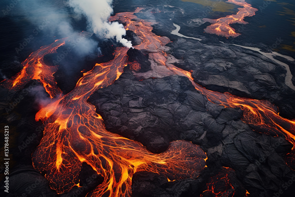 Wall mural volcano eruption from a bird view. volcano crater and magma flow shot from above. genertated ai.
