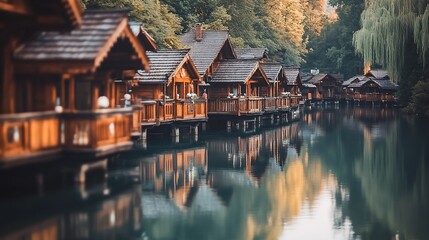 Fototapeta premium Lakeside wooden cabins reflected in calm water