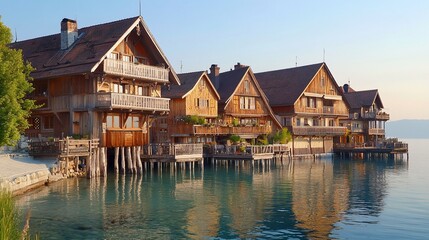 Fototapeta premium Lakeside wooden chalet houses. Tranquil waterfront