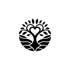 Heart-Shaped Tree Logo: Black Silhouette, Minimalist, Symbol of Love & Growth
