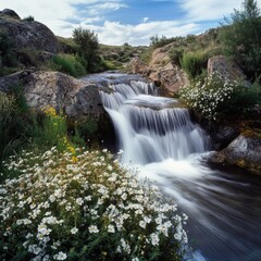 Fototapeta premium Tranquil waterfall cascading amidst rocky landscape with wildflowers