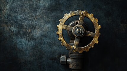 A vintage industrial steam valve with worn brass and patina details on dark