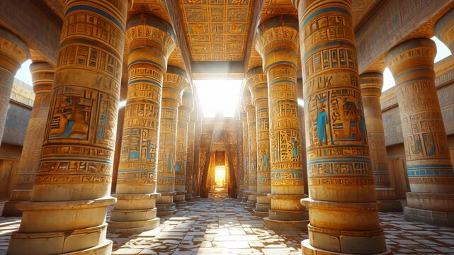 Ancient Egyptian temple interior, sunlit columns