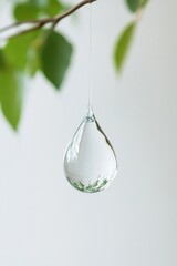 Delicate water droplet hangs from green leaf, reflecting nature'