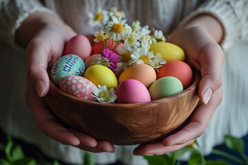 Closeup of rustic wooden Easter bowl filled with pastel-colored speckled Easter eggs spring flowers, Generative AI