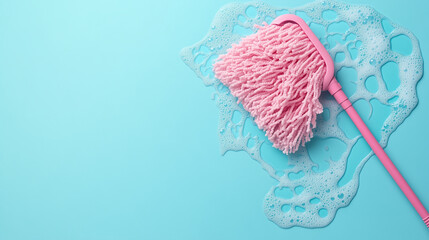 The pink microfiber mop and a bowl of soapy water are arranged in a flat lay on a light blue background, leaving room for text.