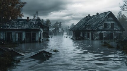 Fototapeta premium Flooded Village Houses Submerged in Storm Waters Dark Moody Atmosphere