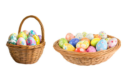 Wicker baskets filled with colorful Easter eggs