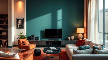 Modern Smart Living Room with Voice-Controlled Speakers and Dynamic Ambient Lighting – Futuristic Home Automation – Generative AI