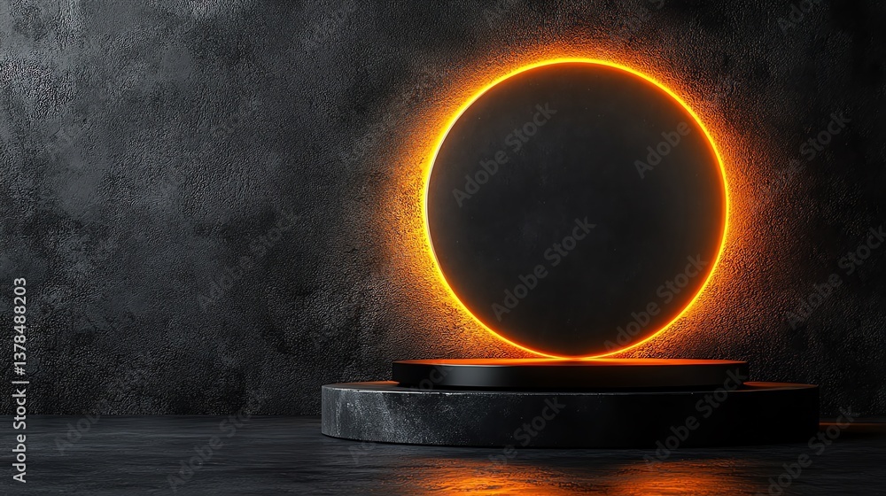 Poster abstract circle frame glowing on podium with dark textured background
