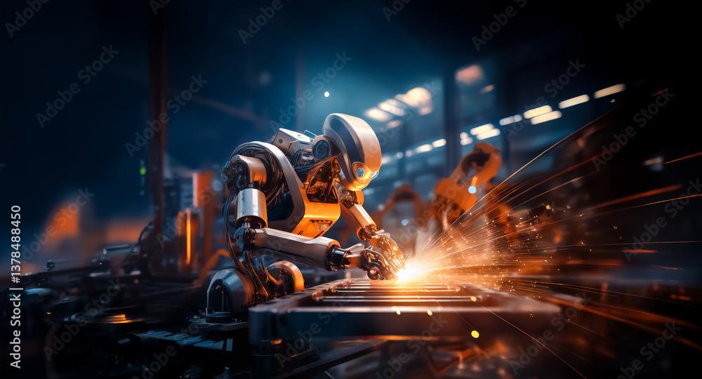 Leinwandbilder robot welding metal in a factory with sparks flying, showcasing industrial automation. the scene is 