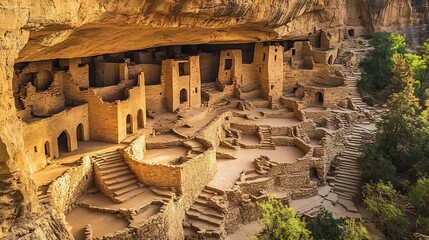 Breathtaking ancient cliffside cave city carved into a towering rock face featuring intricate stone staircases arched tunnel dwellings hanging terraces and a mystical historical ambiance