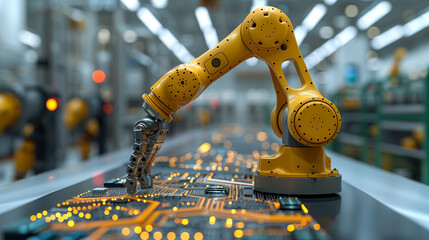 robotic arm work to assemble circuit boards on a production line.  environment highlights advanced technology in electronics manufacturing