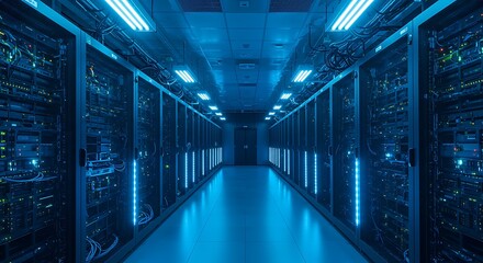 Fototapeta premium Walking Down a Server Room Hallway with Blue Lights Glowing