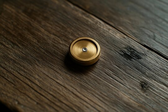 Brass fidget spinner on rustic wood background for stress relief and focus improvement