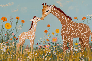 Fototapeta premium A sweet moment between a baby giraffe and its mother, standing in an open savanna dotted with wildflowers