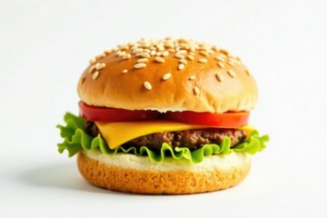 Sesame seed topped bun, crisp exterior, soft inside, white backdrop , bread, snack