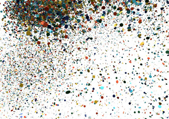 A burst of colorful confetti and streamers on a white background. Ideal for celebration, party, and festive designs.