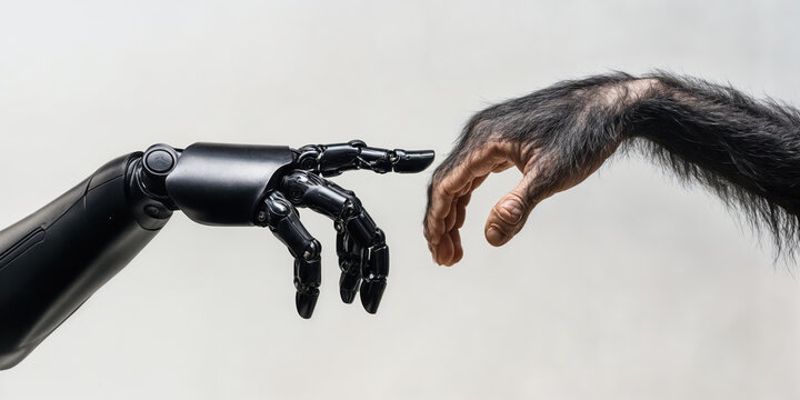 Robotic and primate hands reaching out, symbolizing connection between technology and nature