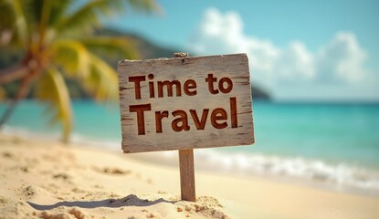 Rustic wooden sign with "Time to Travel" text against blurred tropical beach backdrop