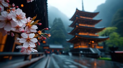 Fototapeta premium A stunning view of cherry blossom trees framing a traditional pagoda during a rainy day, evoking a sense of tranquility and appreciation for nature's delicate beauty.