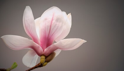 Obraz premium soft bloom of a pale magnolia flower on a neutral background during spring season