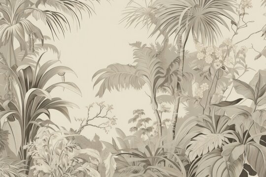 Fototapeta Toile wallpaper a single Tropical plants pattern drawing nature.