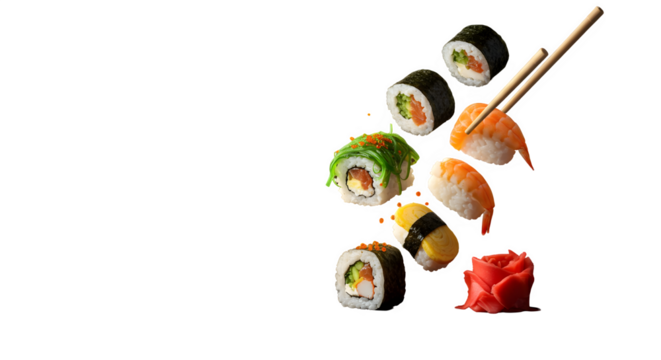 Assorted Sushi Pieces isolated on transparent background, Japanese Sushi Rolls and Nigiri with Fresh Seafood, Traditional Sushi Platter with Salmon, Tuna, and Rice, PNG image