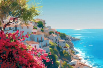 Mediterranean Coastal Village Pink Bougainvillea and Whitewashed Houses on a Cliffside overlooking a Sunny Sea