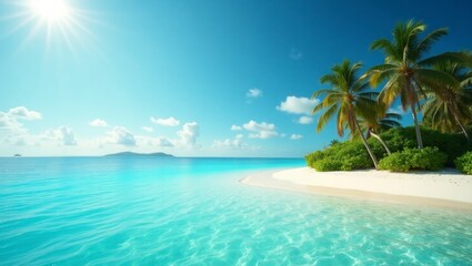 Stunning tropical beach featuring majestic palm trees against a backdrop of crystal clear waters and bright sky