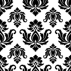 Fototapeta premium Damask seamless floral background, black ornament and white background, vector illustration elegant for textile design, wall paper, bedding, wrapping, curtains, cushion, scarf, rug, decoration