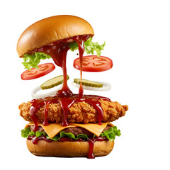 Crispy Chicken Burger isolated on transparent background, Tasty Fast Food Zinger burger PNG image, Crispy Chicken Burger with Fresh Ingredients and Sauce Splash, crispy fried chicken burger, PNG image