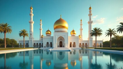 Naklejka premium Beautiful mosque in the united states featuring elegant islamic architecture surrounded by lush greenery and blue sky