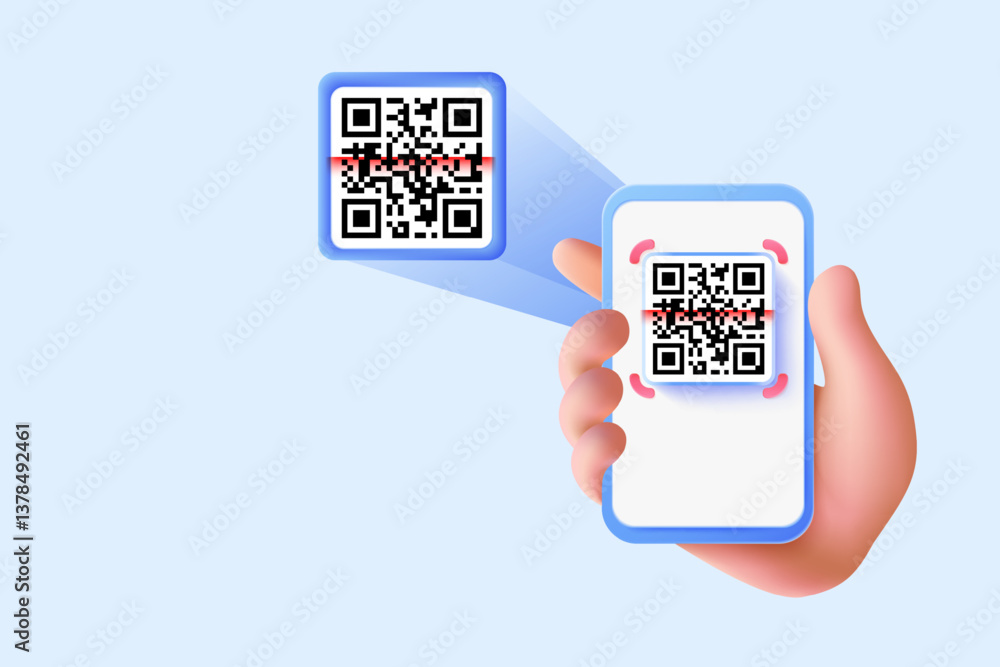 Wall mural qr code scanning with smartphone, digital payment, and authentication concept. 3d vector illustratio