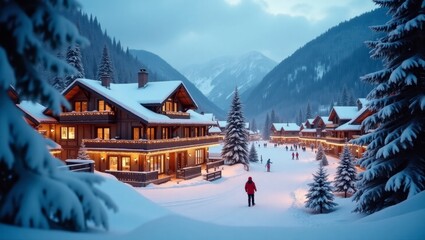 Fototapeta premium A picturesque ski resort nestled in the snowy mountains with thrilling winter activities and a beautiful scenery