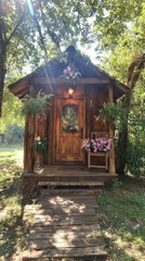 Naklejka premium charming wooden cabin surrounded by lush greenery, adorned with vibrant pink flowers and rustic decor, creating cozy and inviting atmosphere