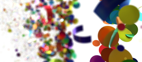 A vibrant 3D render of colorful confetti exploding in a celebratory burst against a clean white background.