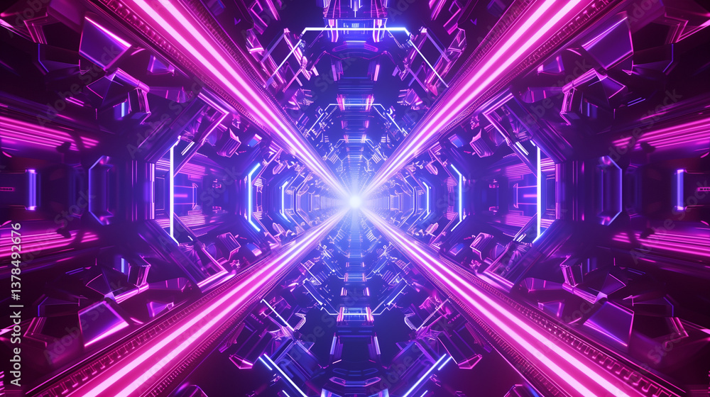 Aufkleber a dynamic kaleidoscope of sharp, symmetrical shapes interlocking with neon glow, forming a hypnotic,