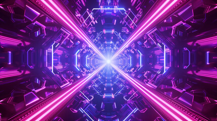 Fototapeta premium A dynamic kaleidoscope of sharp, symmetrical shapes interlocking with neon glow, forming a hypnotic, endless tunnel of repeating patterns.