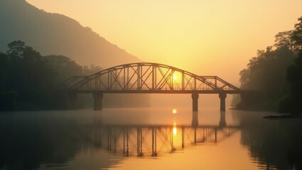 Fototapeta premium Majestic bridge spanning over a serene river with lush green surroundings and a tranquil natural landscape