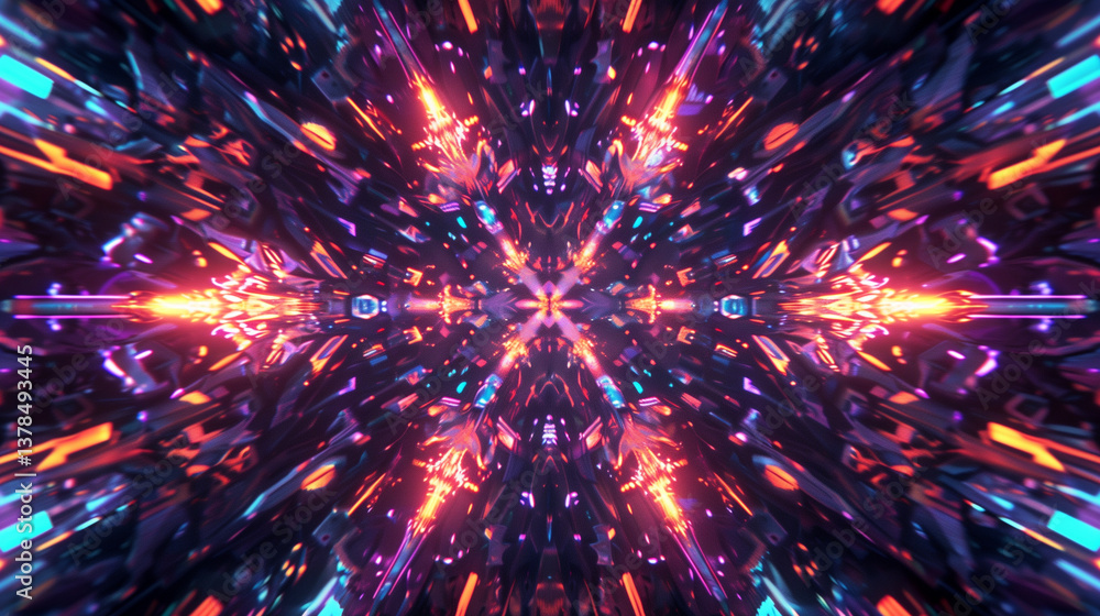 Aufkleber a dynamic kaleidoscope of sharp, symmetrical shapes interlocking with neon glow, forming a hypnotic,